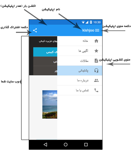 نمای اپلیکیشن با منو و اکشن بار نمای اپلیکیشن با منو و اکشن بار